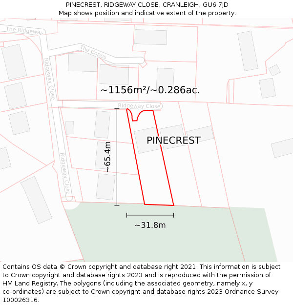 PINECREST, RIDGEWAY CLOSE, CRANLEIGH, GU6 7JD: Plot and title map