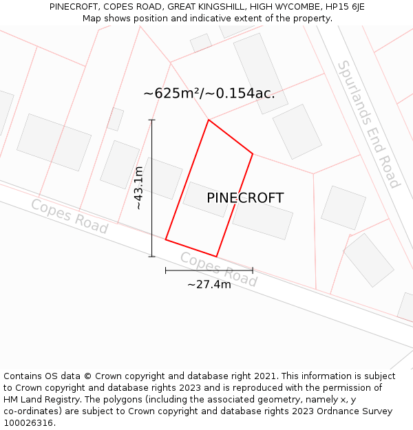 PINECROFT, COPES ROAD, GREAT KINGSHILL, HIGH WYCOMBE, HP15 6JE: Plot and title map