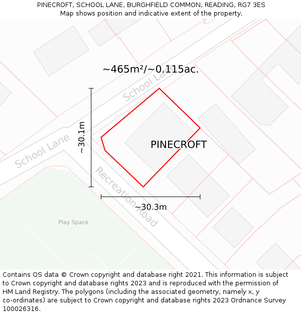 PINECROFT, SCHOOL LANE, BURGHFIELD COMMON, READING, RG7 3ES: Plot and title map