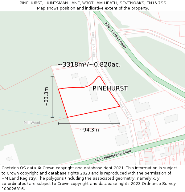 PINEHURST, HUNTSMAN LANE, WROTHAM HEATH, SEVENOAKS, TN15 7SS: Plot and title map