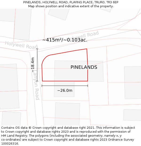PINELANDS, HOLYWELL ROAD, PLAYING PLACE, TRURO, TR3 6EP: Plot and title map