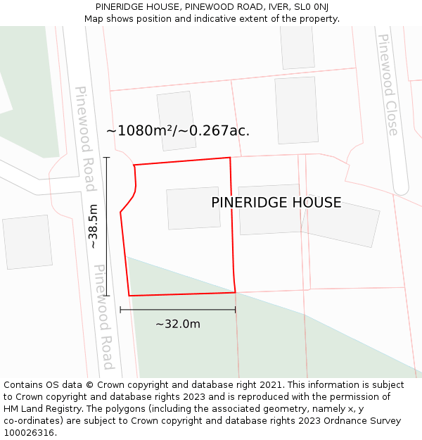 PINERIDGE HOUSE, PINEWOOD ROAD, IVER, SL0 0NJ: Plot and title map
