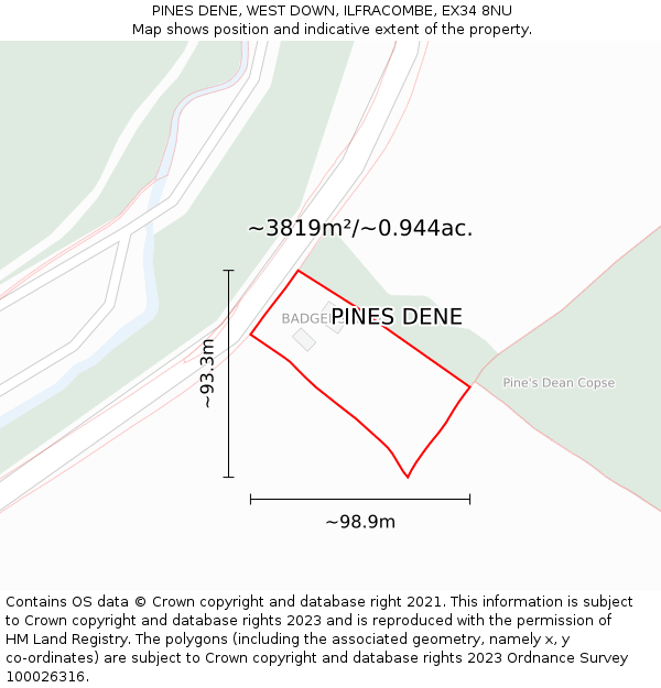 PINES DENE, WEST DOWN, ILFRACOMBE, EX34 8NU: Plot and title map