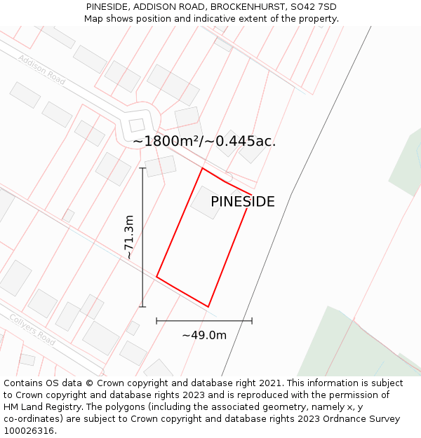 PINESIDE, ADDISON ROAD, BROCKENHURST, SO42 7SD: Plot and title map