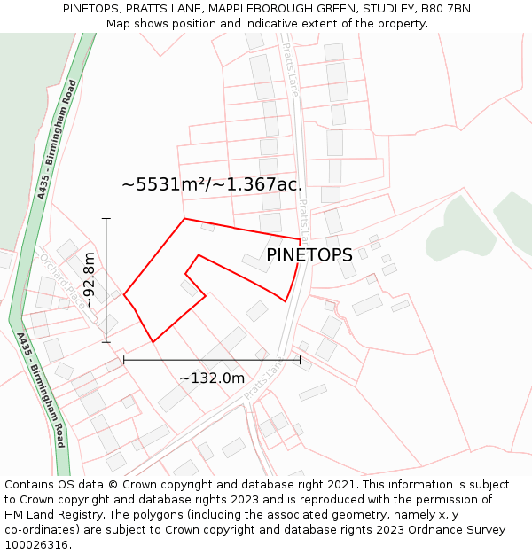 PINETOPS, PRATTS LANE, MAPPLEBOROUGH GREEN, STUDLEY, B80 7BN: Plot and title map