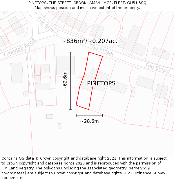 PINETOPS, THE STREET, CROOKHAM VILLAGE, FLEET, GU51 5SQ: Plot and title map