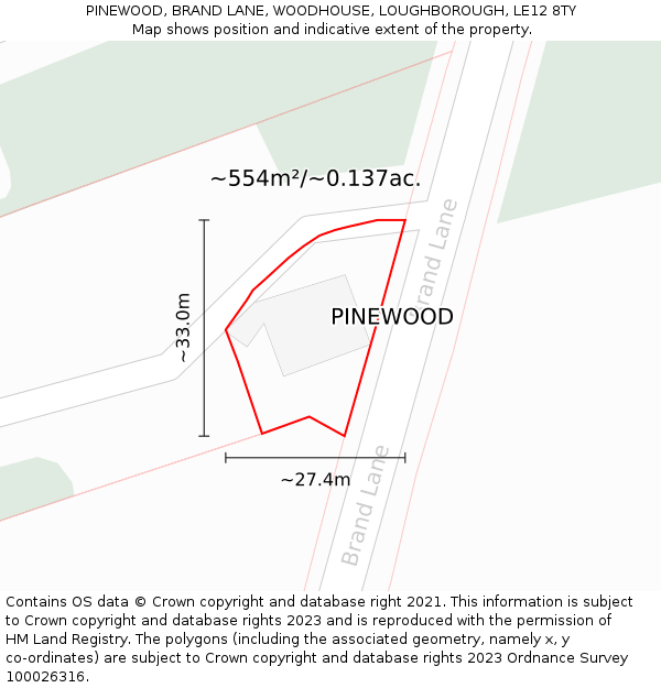 PINEWOOD, BRAND LANE, WOODHOUSE, LOUGHBOROUGH, LE12 8TY: Plot and title map