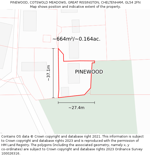 PINEWOOD, COTSWOLD MEADOWS, GREAT RISSINGTON, CHELTENHAM, GL54 2FN: Plot and title map
