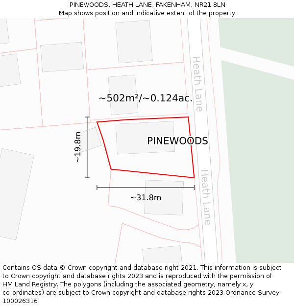 PINEWOODS, HEATH LANE, FAKENHAM, NR21 8LN: Plot and title map