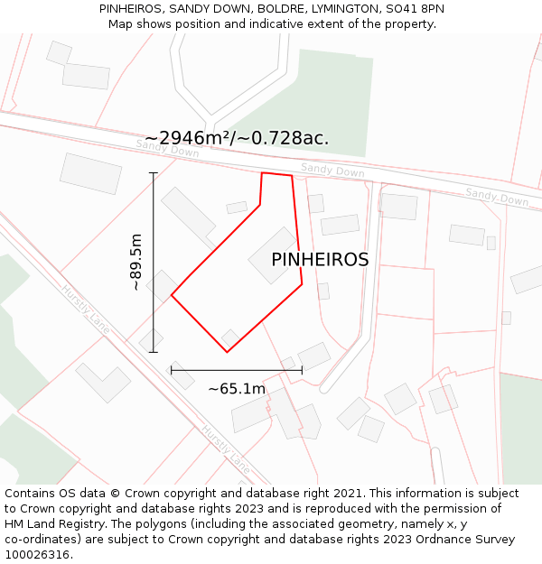 PINHEIROS, SANDY DOWN, BOLDRE, LYMINGTON, SO41 8PN: Plot and title map