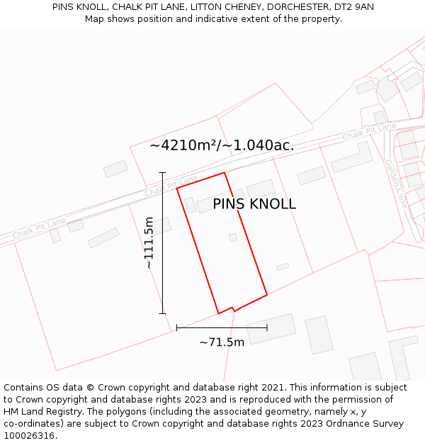 PINS KNOLL, CHALK PIT LANE, LITTON CHENEY, DORCHESTER, DT2 9AN: Plot and title map