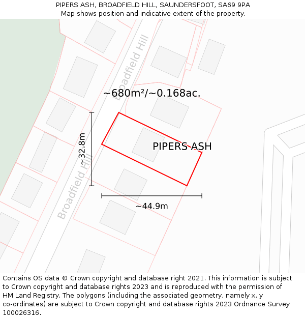 PIPERS ASH, BROADFIELD HILL, SAUNDERSFOOT, SA69 9PA: Plot and title map