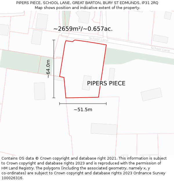 PIPERS PIECE, SCHOOL LANE, GREAT BARTON, BURY ST EDMUNDS, IP31 2RQ: Plot and title map