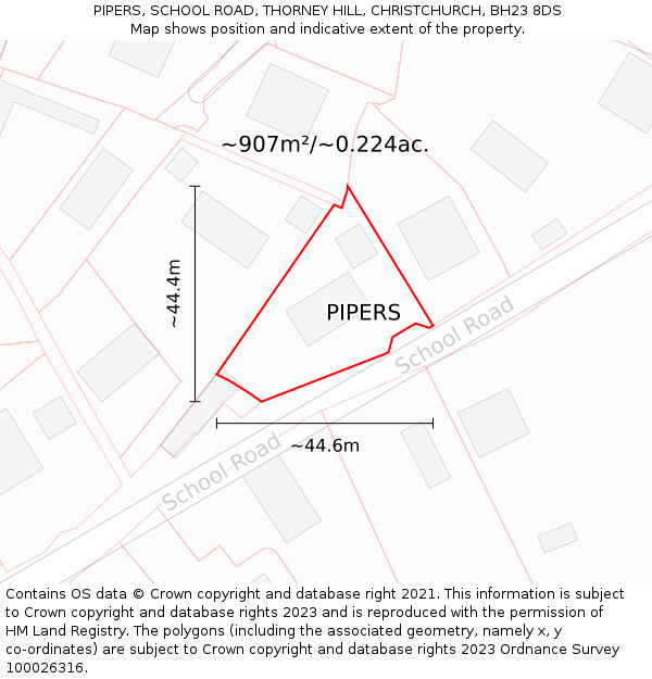 PIPERS, SCHOOL ROAD, THORNEY HILL, CHRISTCHURCH, BH23 8DS: Plot and title map