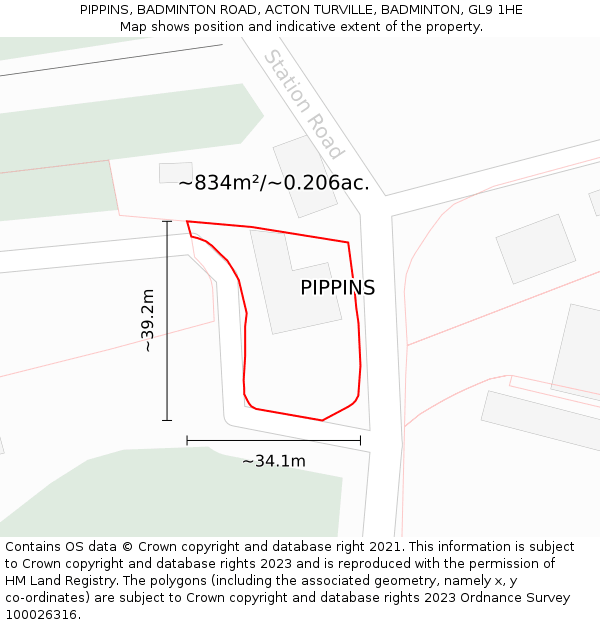 PIPPINS, BADMINTON ROAD, ACTON TURVILLE, BADMINTON, GL9 1HE: Plot and title map