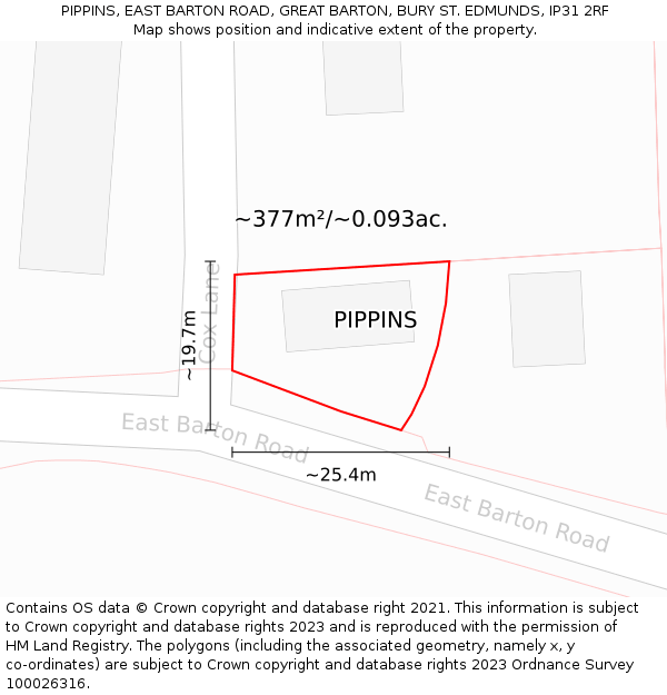 PIPPINS, EAST BARTON ROAD, GREAT BARTON, BURY ST. EDMUNDS, IP31 2RF: Plot and title map