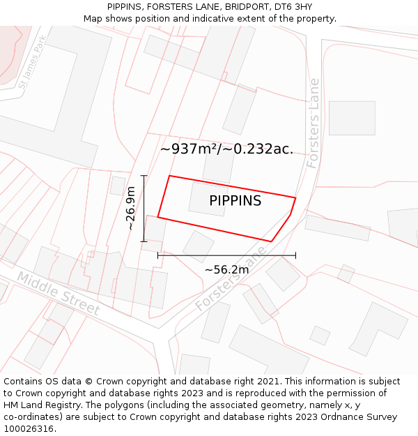 PIPPINS, FORSTERS LANE, BRIDPORT, DT6 3HY: Plot and title map
