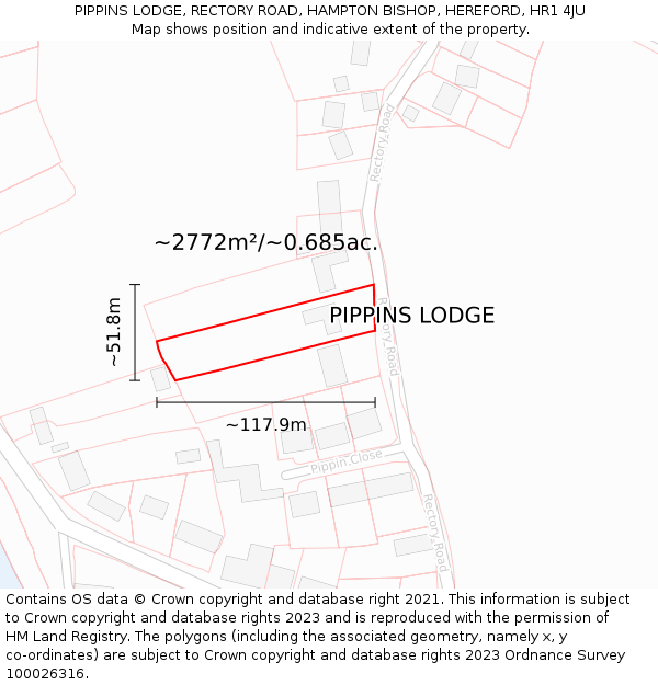 PIPPINS LODGE, RECTORY ROAD, HAMPTON BISHOP, HEREFORD, HR1 4JU: Plot and title map