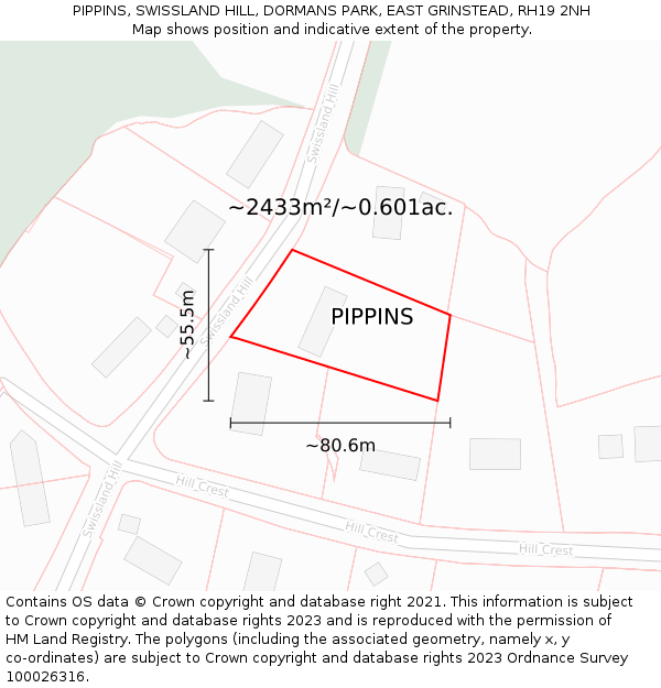 PIPPINS, SWISSLAND HILL, DORMANS PARK, EAST GRINSTEAD, RH19 2NH: Plot and title map