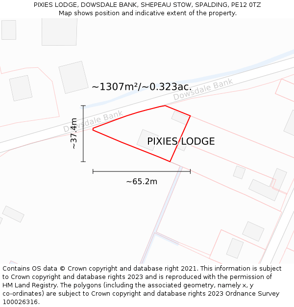 PIXIES LODGE, DOWSDALE BANK, SHEPEAU STOW, SPALDING, PE12 0TZ: Plot and title map