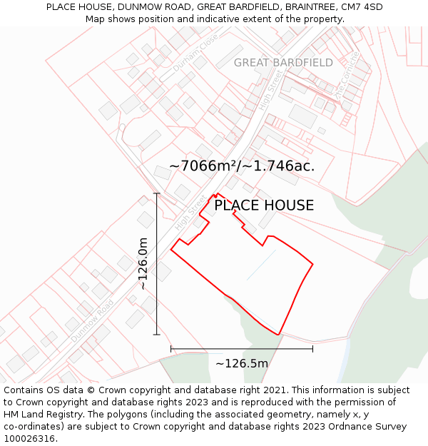 PLACE HOUSE, DUNMOW ROAD, GREAT BARDFIELD, BRAINTREE, CM7 4SD: Plot and title map