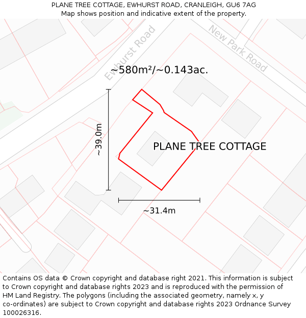 PLANE TREE COTTAGE, EWHURST ROAD, CRANLEIGH, GU6 7AG: Plot and title map