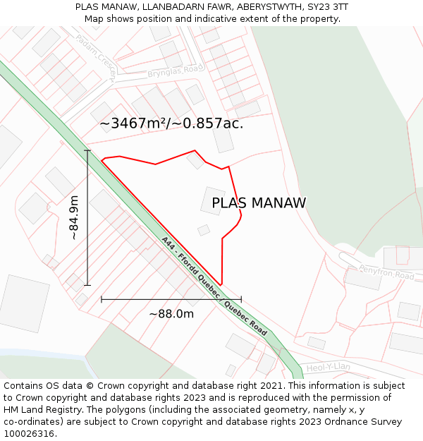 PLAS MANAW, LLANBADARN FAWR, ABERYSTWYTH, SY23 3TT: Plot and title map