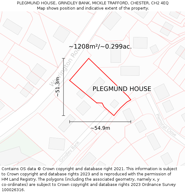 PLEGMUND HOUSE, GRINDLEY BANK, MICKLE TRAFFORD, CHESTER, CH2 4EQ: Plot and title map