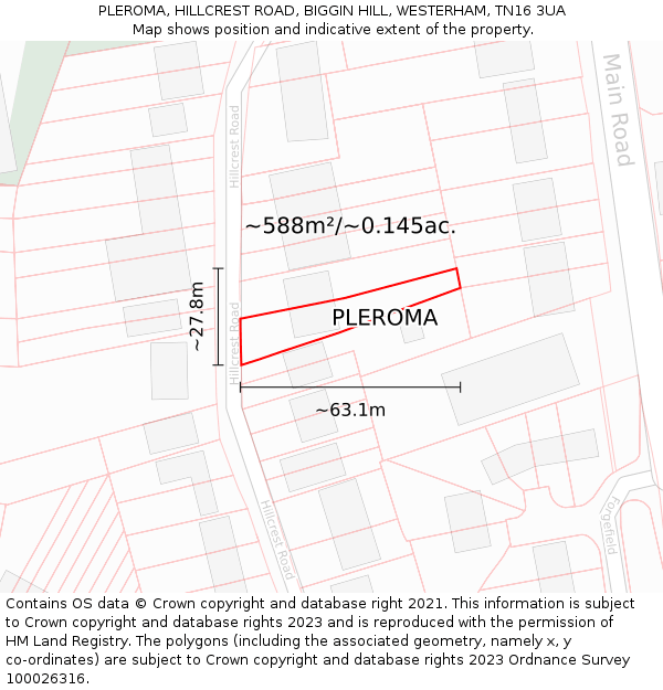 PLEROMA, HILLCREST ROAD, BIGGIN HILL, WESTERHAM, TN16 3UA: Plot and title map