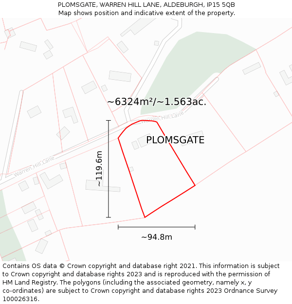 PLOMSGATE, WARREN HILL LANE, ALDEBURGH, IP15 5QB: Plot and title map