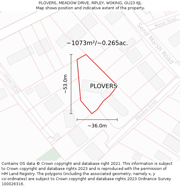 PLOVERS, MEADOW DRIVE, RIPLEY, WOKING, GU23 6JL: Plot and title map