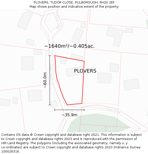 PLOVERS, TUDOR CLOSE, PULBOROUGH, RH20 2EF: Plot and title map