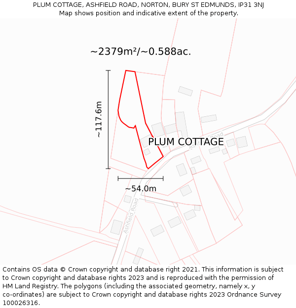 PLUM COTTAGE, ASHFIELD ROAD, NORTON, BURY ST EDMUNDS, IP31 3NJ: Plot and title map