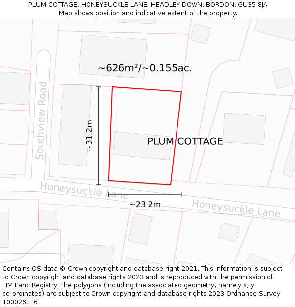 PLUM COTTAGE, HONEYSUCKLE LANE, HEADLEY DOWN, BORDON, GU35 8JA: Plot and title map