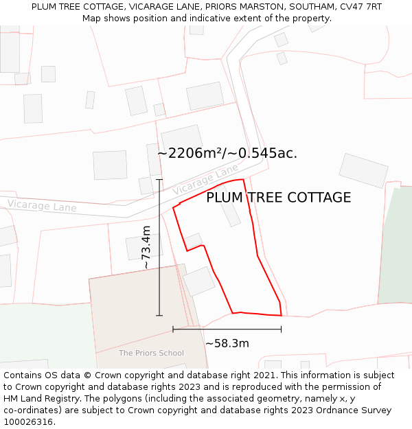 PLUM TREE COTTAGE, VICARAGE LANE, PRIORS MARSTON, SOUTHAM, CV47 7RT: Plot and title map