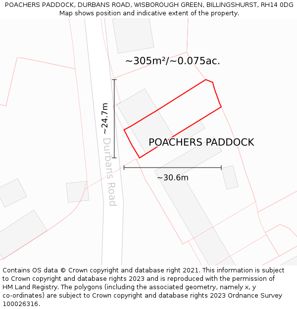 POACHERS PADDOCK, DURBANS ROAD, WISBOROUGH GREEN, BILLINGSHURST, RH14 0DG: Plot and title map