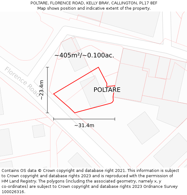 POLTARE, FLORENCE ROAD, KELLY BRAY, CALLINGTON, PL17 8EF: Plot and title map