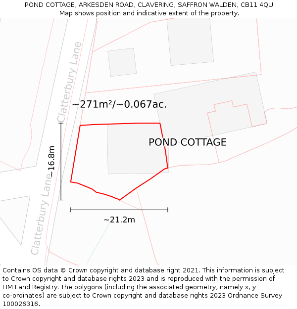 POND COTTAGE, ARKESDEN ROAD, CLAVERING, SAFFRON WALDEN, CB11 4QU: Plot and title map