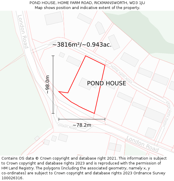 POND HOUSE, HOME FARM ROAD, RICKMANSWORTH, WD3 1JU: Plot and title map