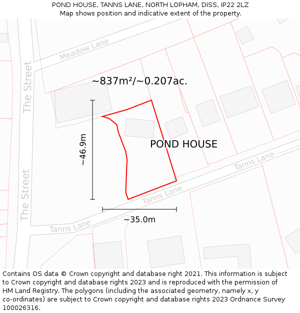 POND HOUSE, TANNS LANE, NORTH LOPHAM, DISS, IP22 2LZ: Plot and title map