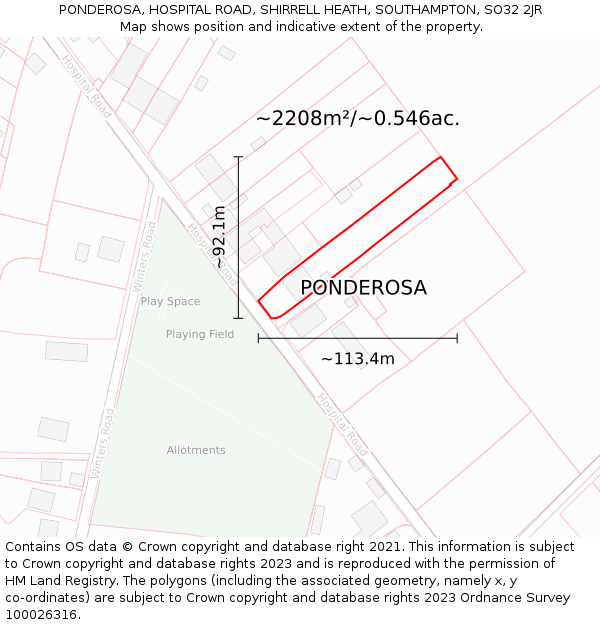 PONDEROSA, HOSPITAL ROAD, SHIRRELL HEATH, SOUTHAMPTON, SO32 2JR: Plot and title map