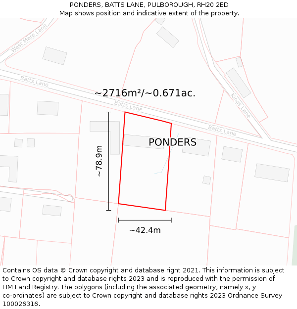 PONDERS, BATTS LANE, PULBOROUGH, RH20 2ED: Plot and title map