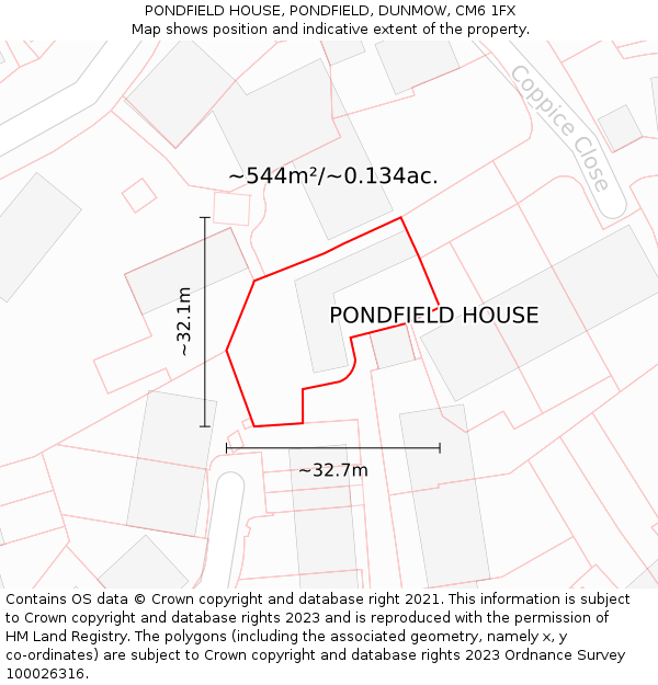 PONDFIELD HOUSE, PONDFIELD, DUNMOW, CM6 1FX: Plot and title map