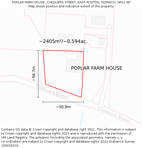 POPLAR FARM HOUSE, CHEQUERS STREET, EAST RUSTON, NORWICH, NR12 9JT: Plot and title map