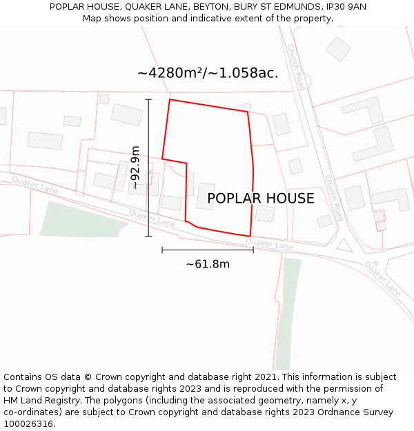 POPLAR HOUSE, QUAKER LANE, BEYTON, BURY ST EDMUNDS, IP30 9AN: Plot and title map