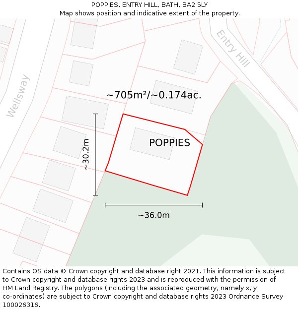 POPPIES, ENTRY HILL, BATH, BA2 5LY: Plot and title map