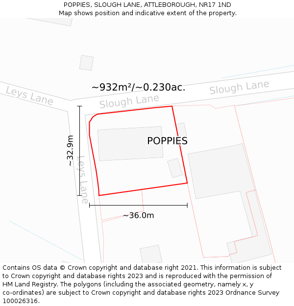 POPPIES, SLOUGH LANE, ATTLEBOROUGH, NR17 1ND: Plot and title map