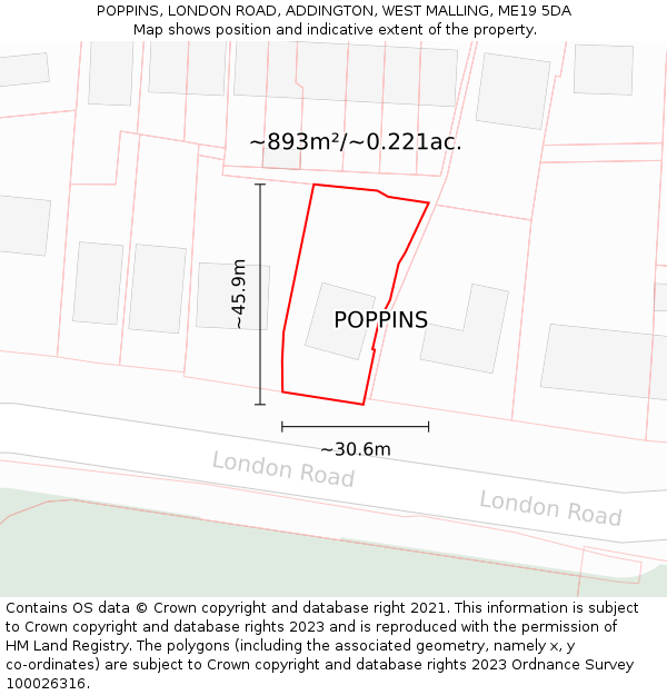 POPPINS, LONDON ROAD, ADDINGTON, WEST MALLING, ME19 5DA: Plot and title map