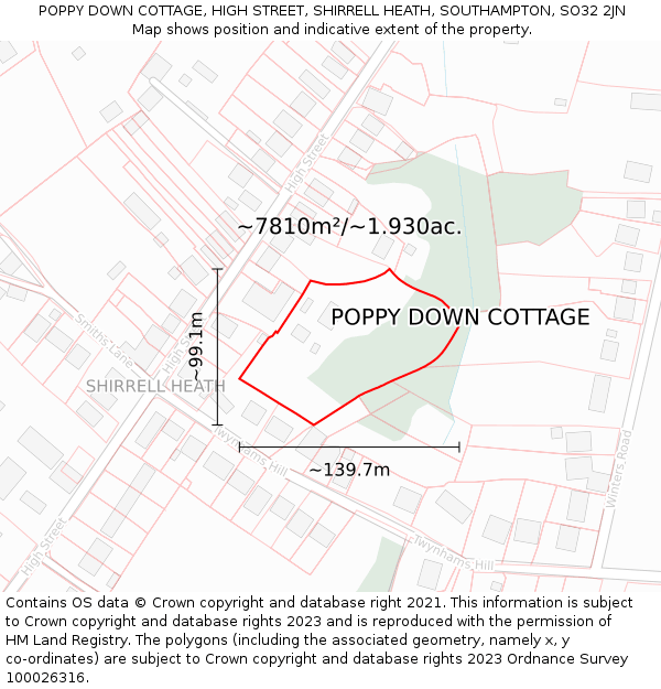 POPPY DOWN COTTAGE, HIGH STREET, SHIRRELL HEATH, SOUTHAMPTON, SO32 2JN: Plot and title map