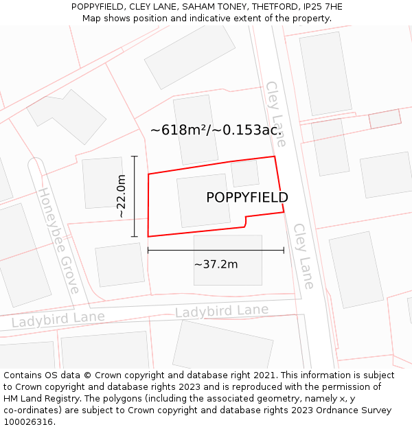 POPPYFIELD, CLEY LANE, SAHAM TONEY, THETFORD, IP25 7HE: Plot and title map